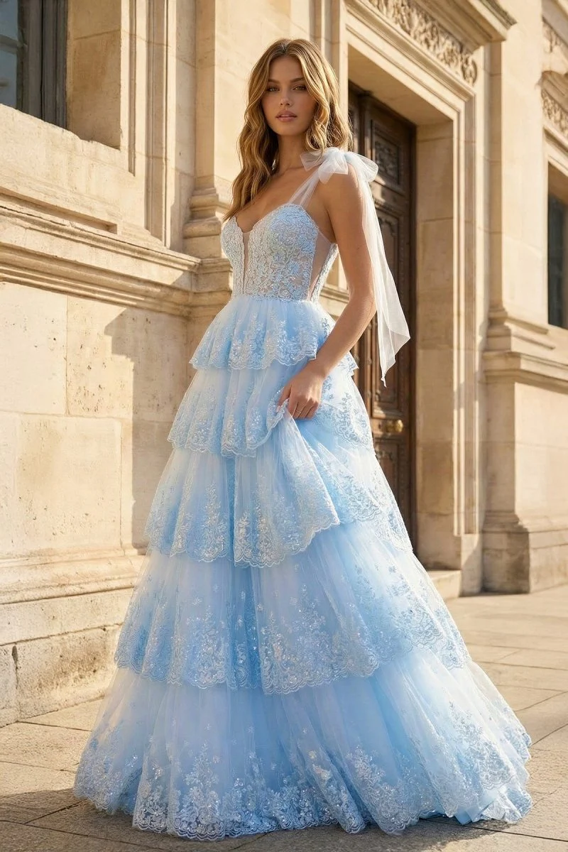 Light Blue Tulle Appliques Tying Strap Ruffle Tiered Long Prom Dress