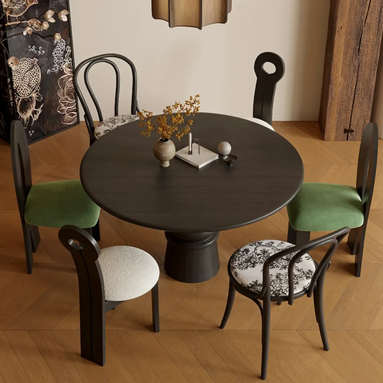 Traditional Dark Brown Wood Round Dining Table