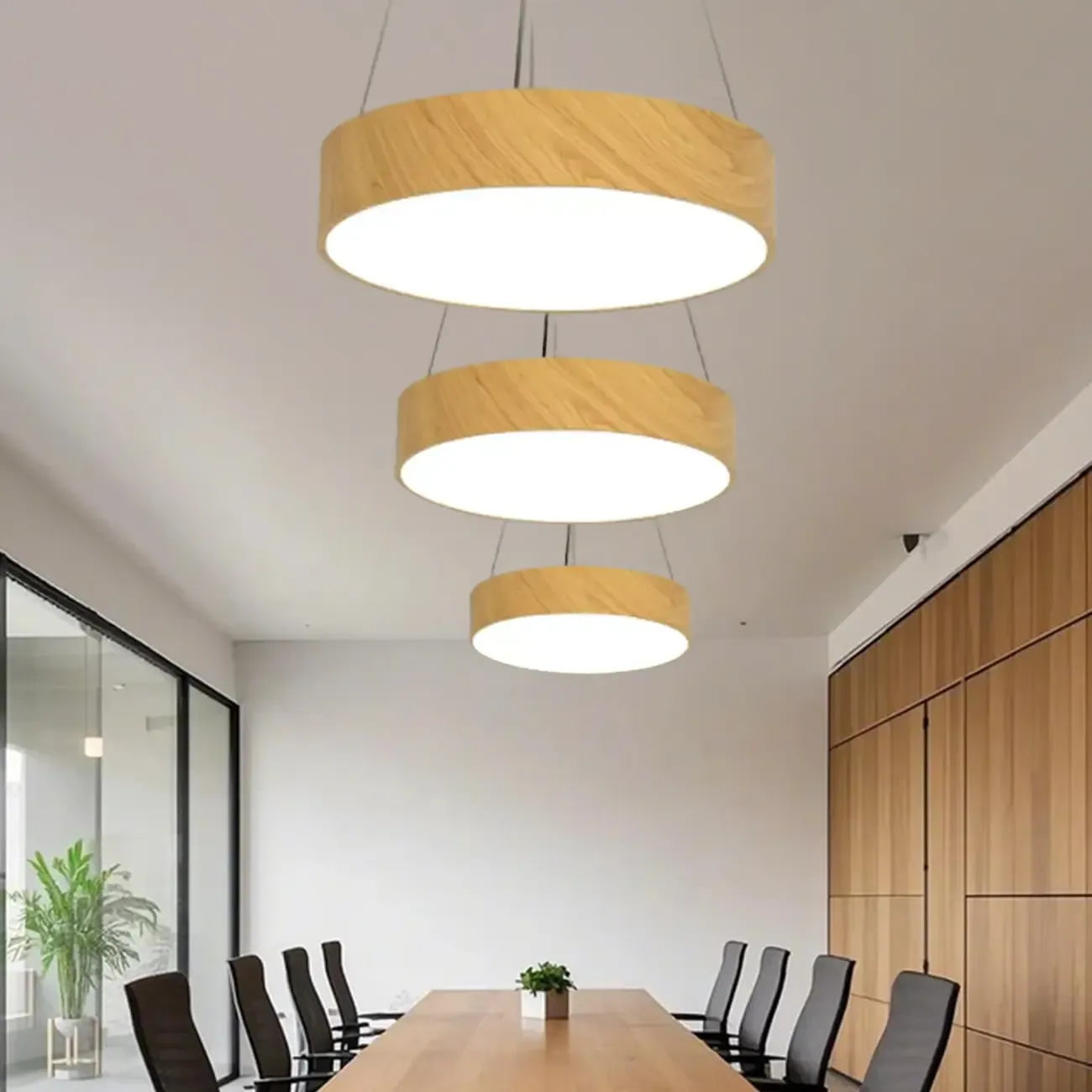 Modern Circular Wood LED Chandelier with Adjustable Height