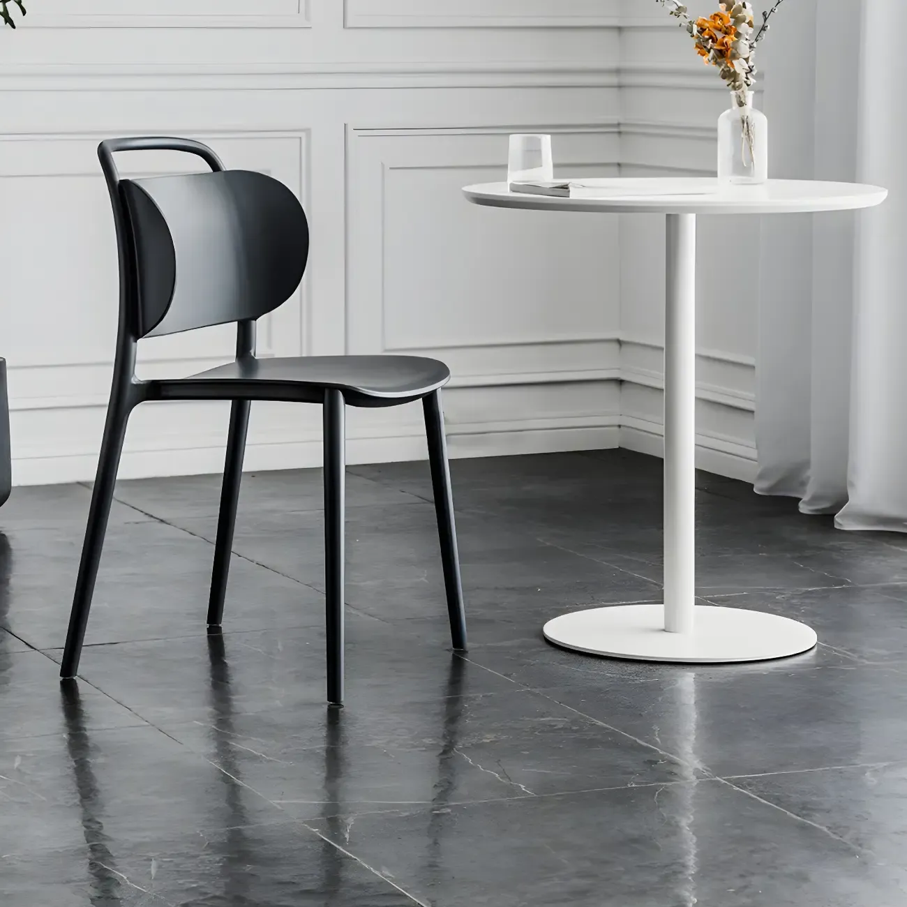 Modern Brown Wood Grain Black Metallic Pedestal Bar Tables