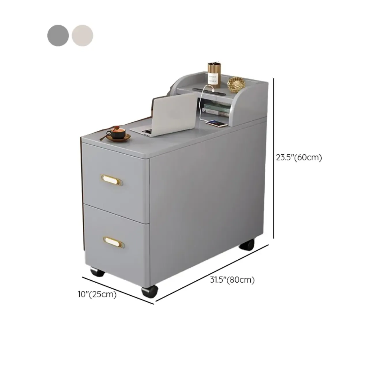 Narrow Rolling White 2-Drawer End Table with USB Charge