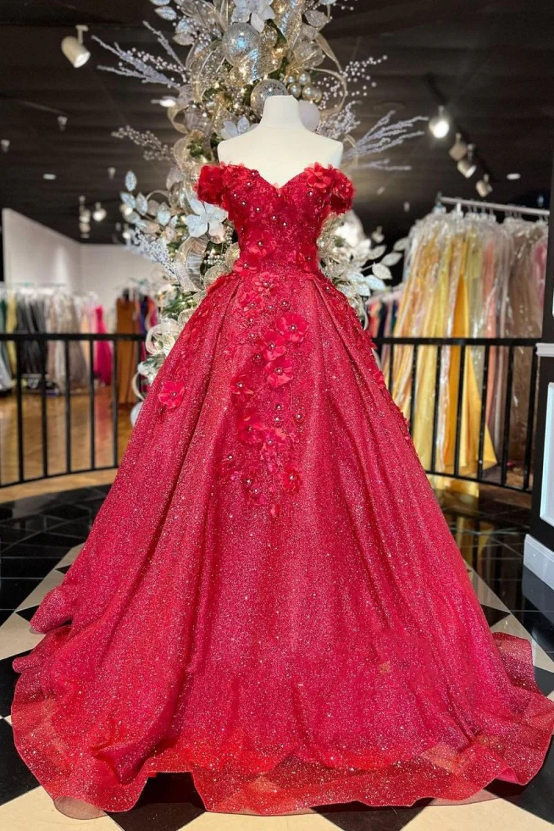 Ball Gown V Neck Beads Appliques Red Off-the-Shoulder Long Quinceanera Dresses