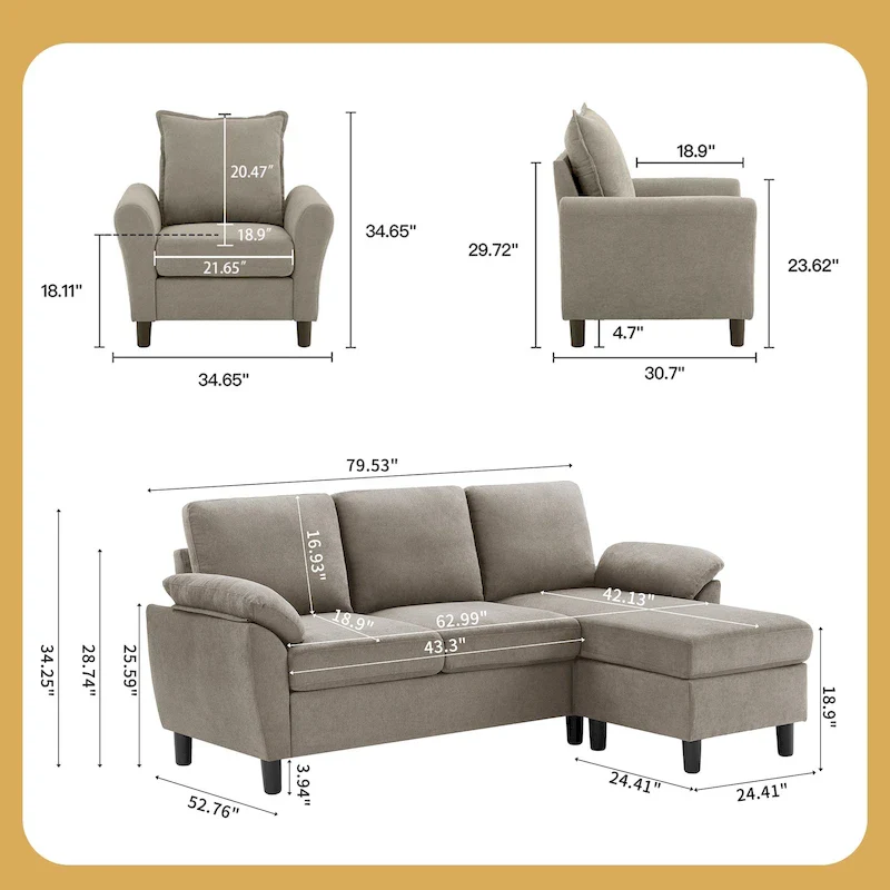 3-Piece Living Room Sectional Sofa Set with Chair and Ottoman