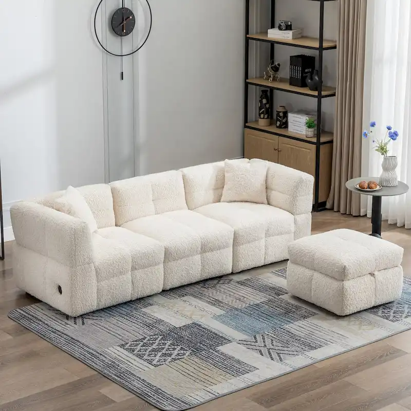 87.7 Sectional Sofa Cozy Teddy Fleece Fabric Sectional Sofa Couch