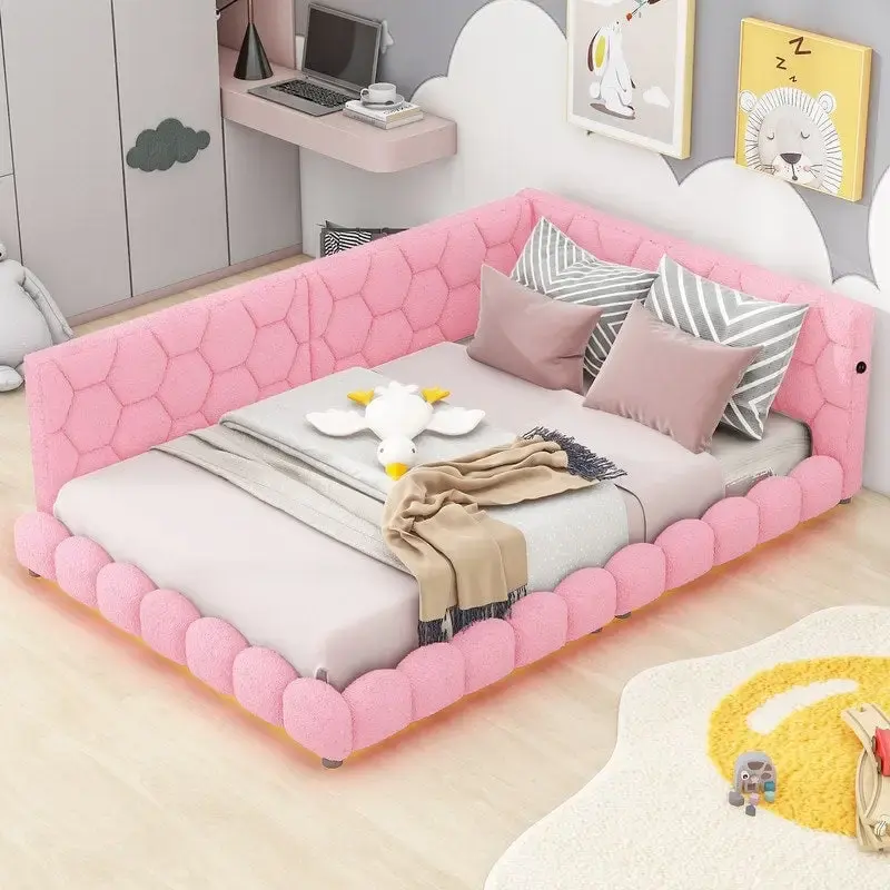 White / Pink Teddy Upholstered Full Size Platform Bed with LED Lighting & USB Ports – 1-Person