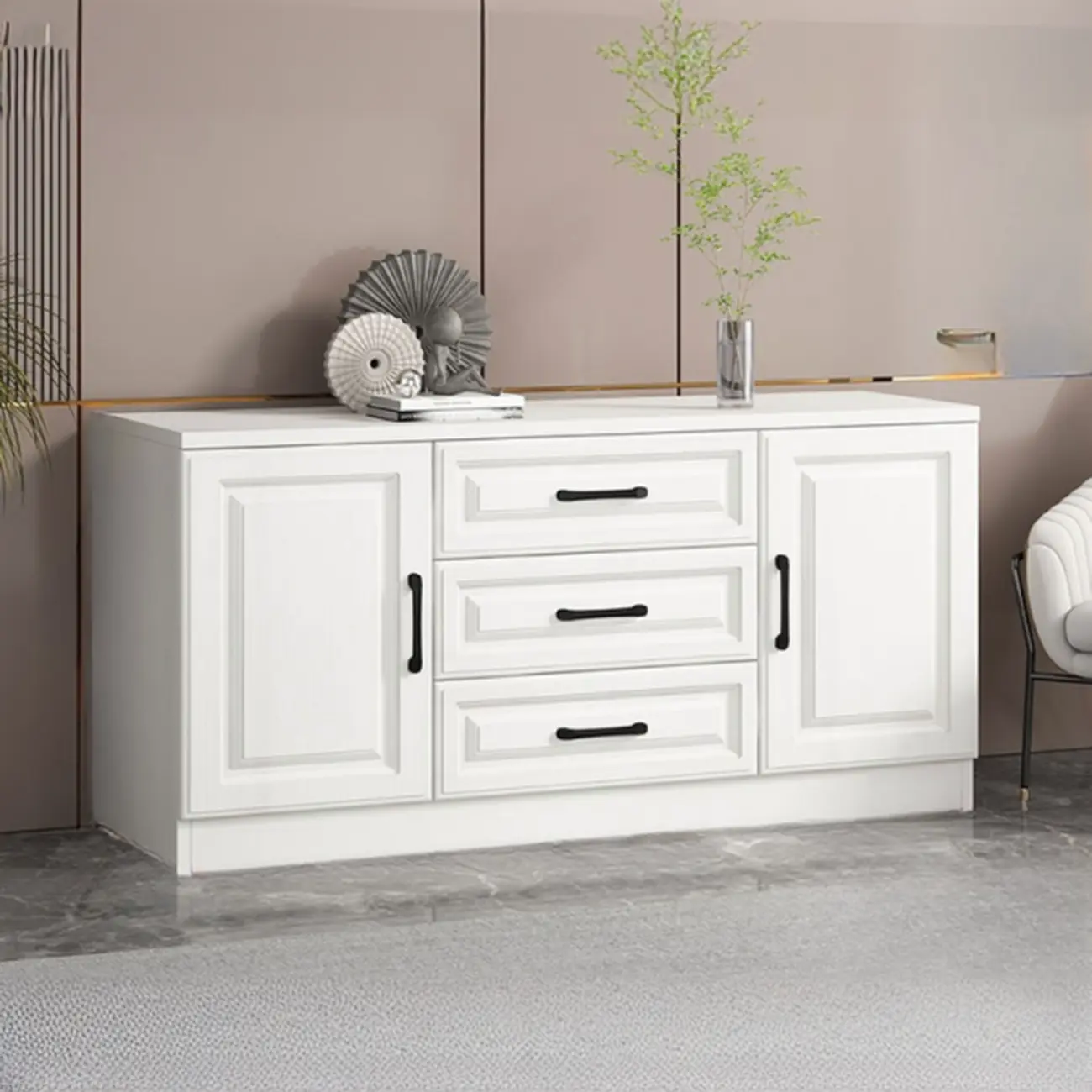 Freestanding White Wooden Cabinet with Drawers & Doors