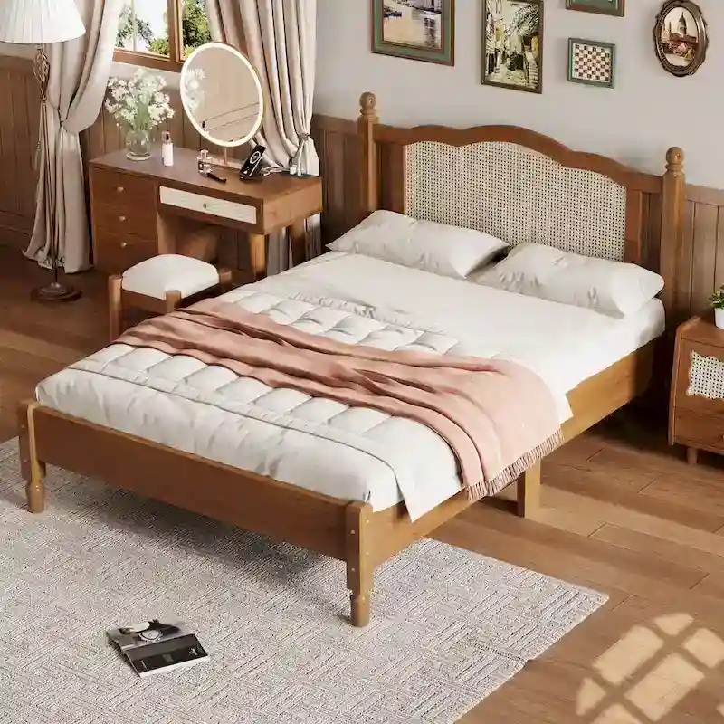 Wooden Platform Bed with Natural Rattan Headboard