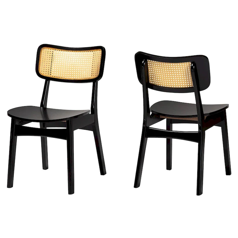 Mid-Century Modern Wood and Rattan 2-Piece Dining Chair Set