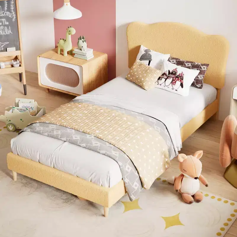 Full Upholstered Bed Frame with Headboard  Fleece Fabric, Wood Slats, No Box Spring, Metal Platform for Kids & Adults