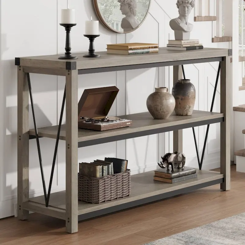 Console Table 47.2W 3-Tier MDF V-Shaped Design Farmhouse Gray Narrow Entryway