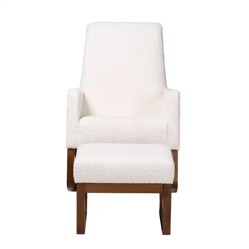 2pc Yashiya Boucle Upholstered and Wood Rocking Chairs and Ottoman Set Off White/Walnut Brown - Baxton Studio