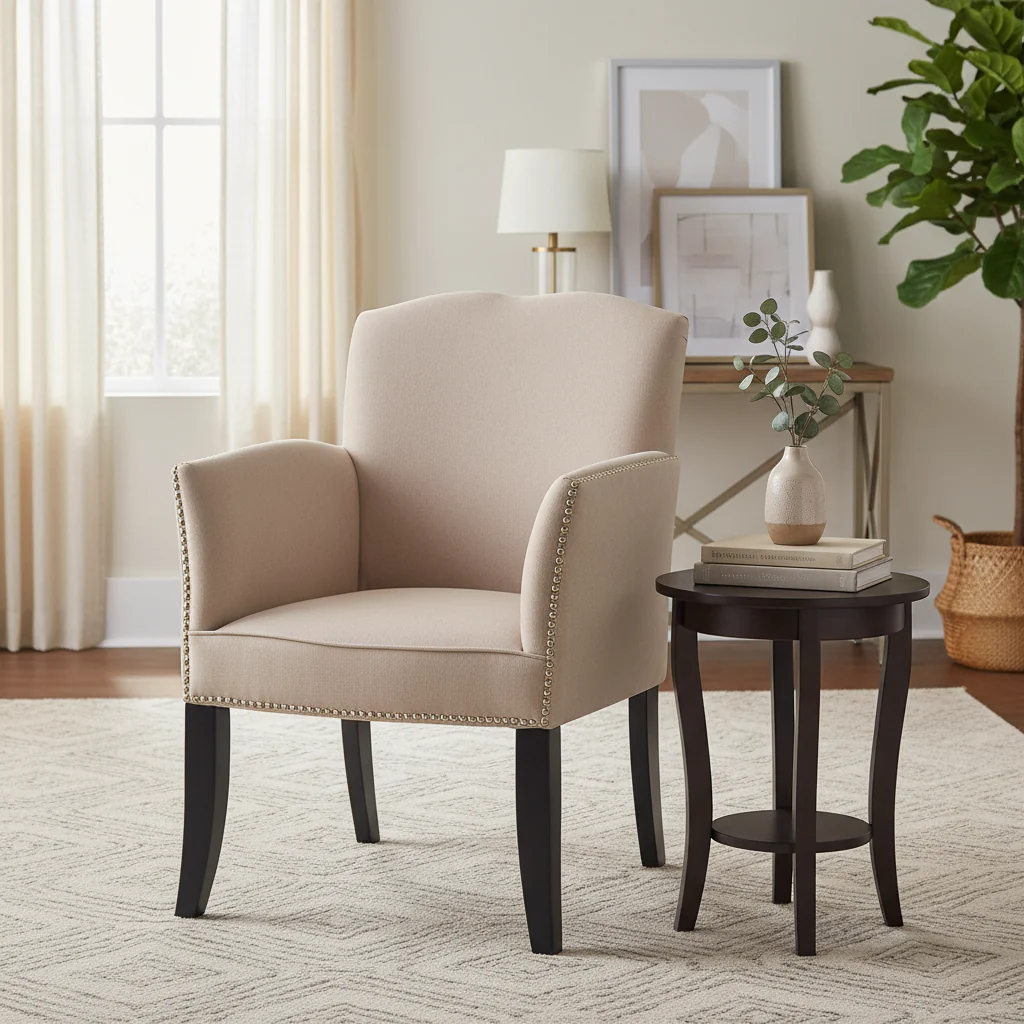 Taupe Linen Upholstered Armchair with Curved Arms, Wave Backrest and Black Legs – 1-Person