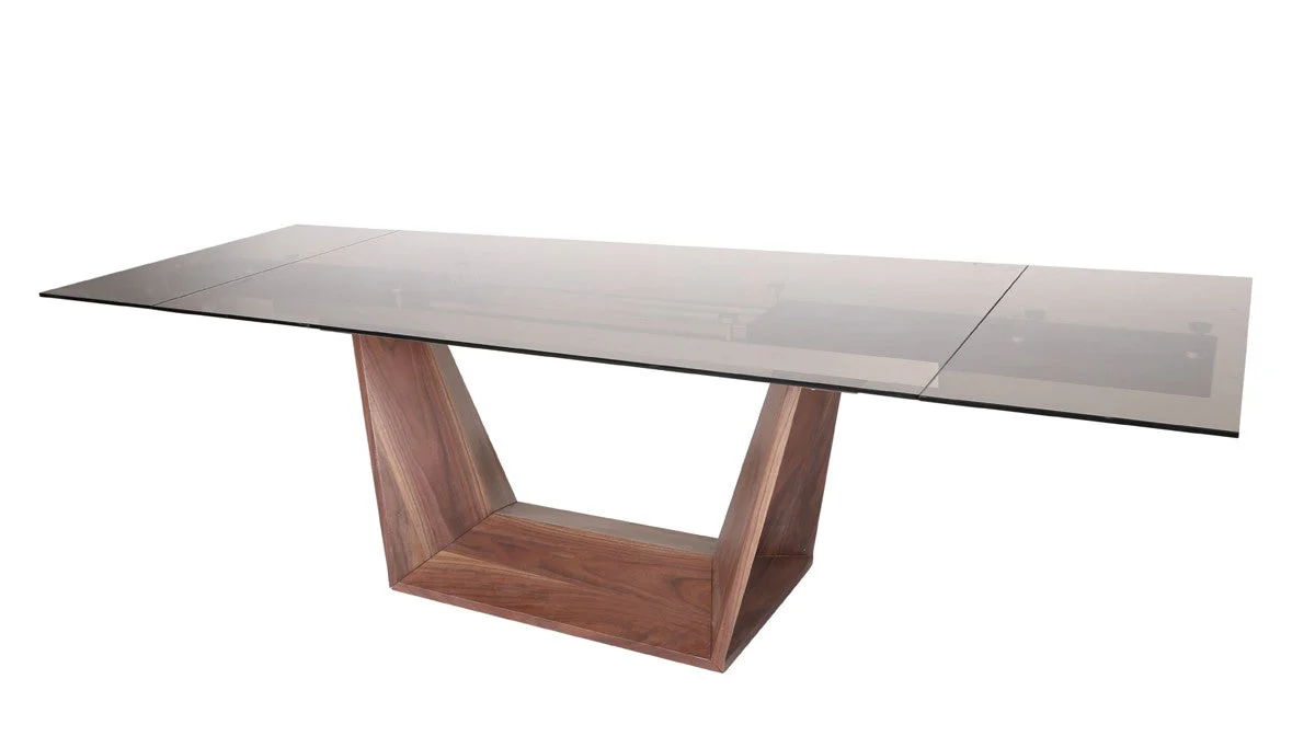 Ballard Modern Smoked Glass Extendable Dining Table with Walnut Base