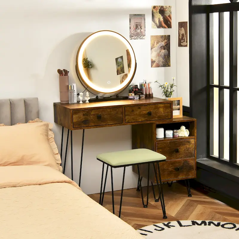 Costway Vanity Table Stool Set Dimmer LED Mirror Large Storage Cabinet - See details