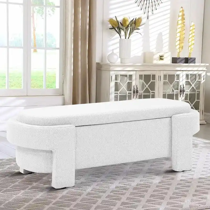 French Minimalist Fabric Upholstered Storage Bench with Four Upholstered Legs