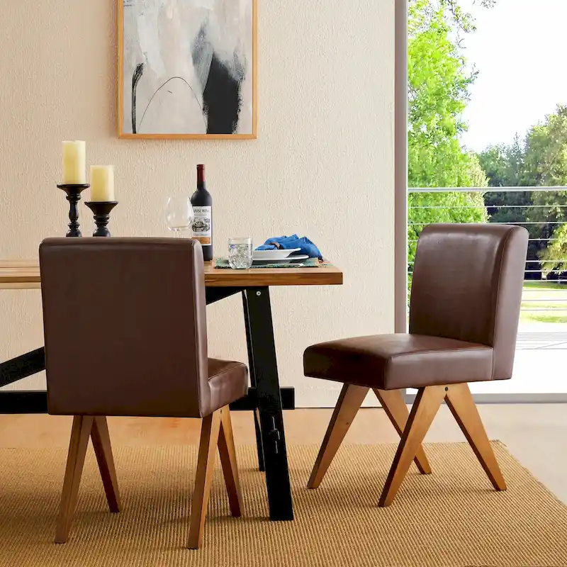 Brown/Black Mid-Century PU Leather Dining Chair with V-Shaped Wood Legs (Set of 2 or 4)