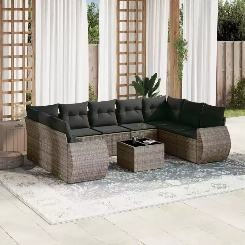 vidaXL 10 Piece Patio Sofa Set with Cushions Gray Poly Rattan