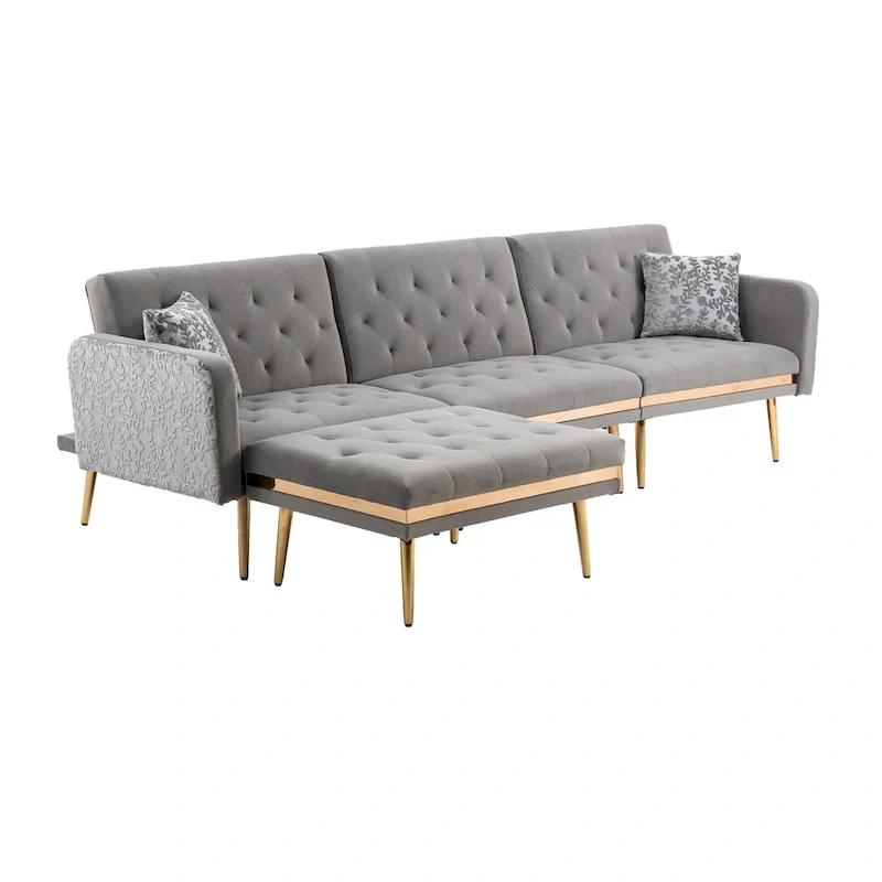 Polyester Upholstered Tufted Sleeper L-Shaped Sectional Sofa With Ottoman
