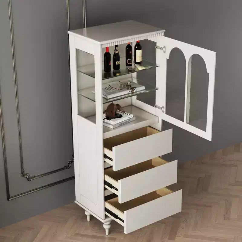 Gaoyangjiaju 56.88 Inch High White Pantry Cabinet with Arched Glass Doors and 3 Drawers Freestanding Kitchen Storage Organizer for Dining Living Room