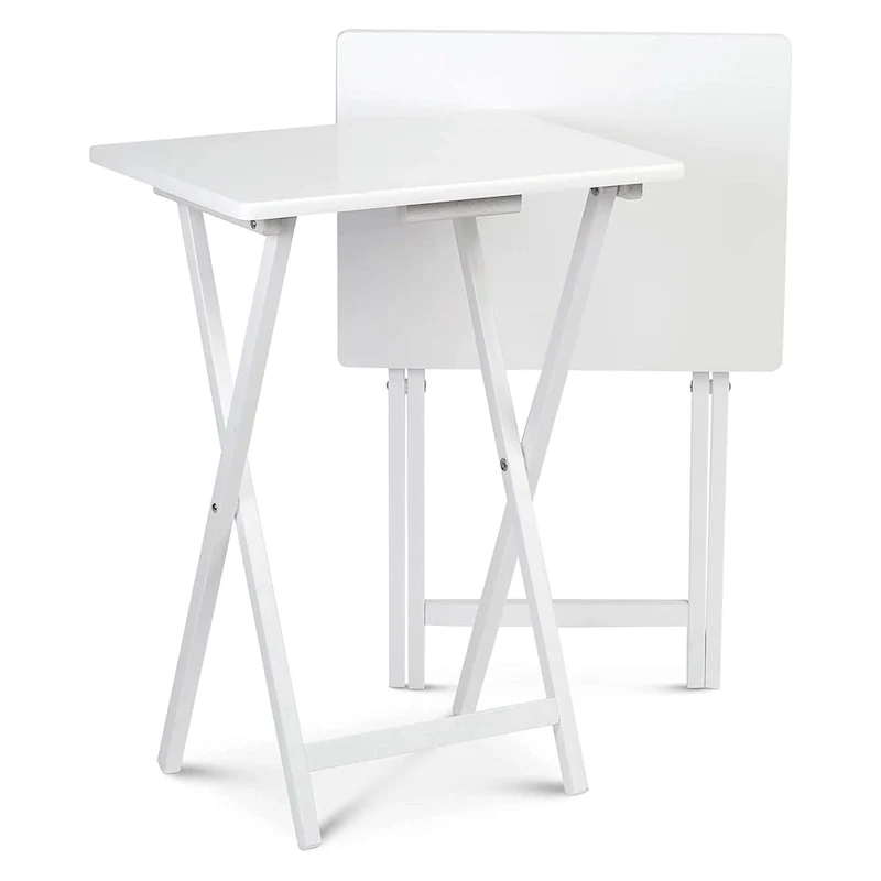 PJ Wood Solid Wood Compact Folding TV Tray and Snack Tables, White, 2 Piece Set - 18.44