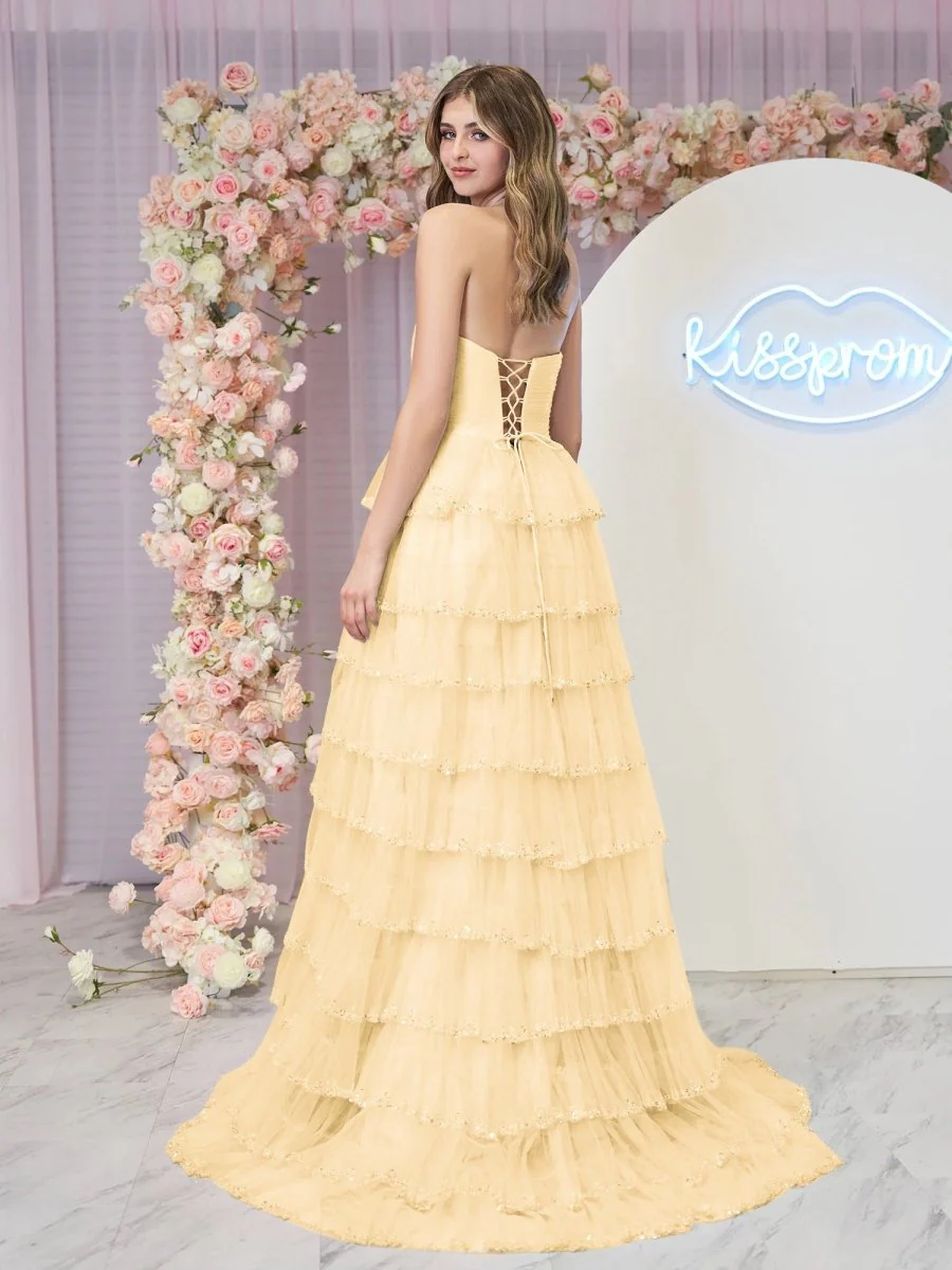 Sky Blue Strapless Layered Tulle Prom Dress with Sequins