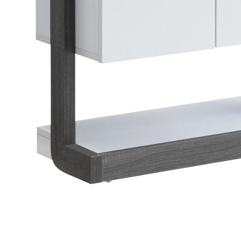 65 Inch Modern Display Cabinet, 4 Shelves, Drawer, Distressed Gray, White