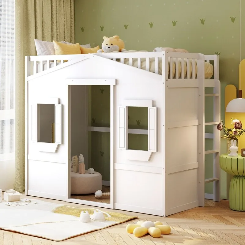 White / Gray Twin Loft Bed with Ladder – House Style, 1-Person