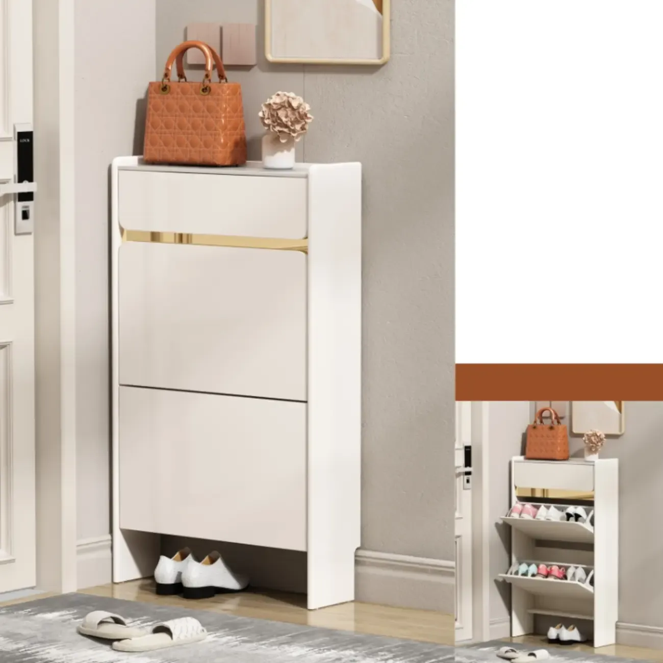 Entryway Glam White Wood Shoe Cabinet with Drawers