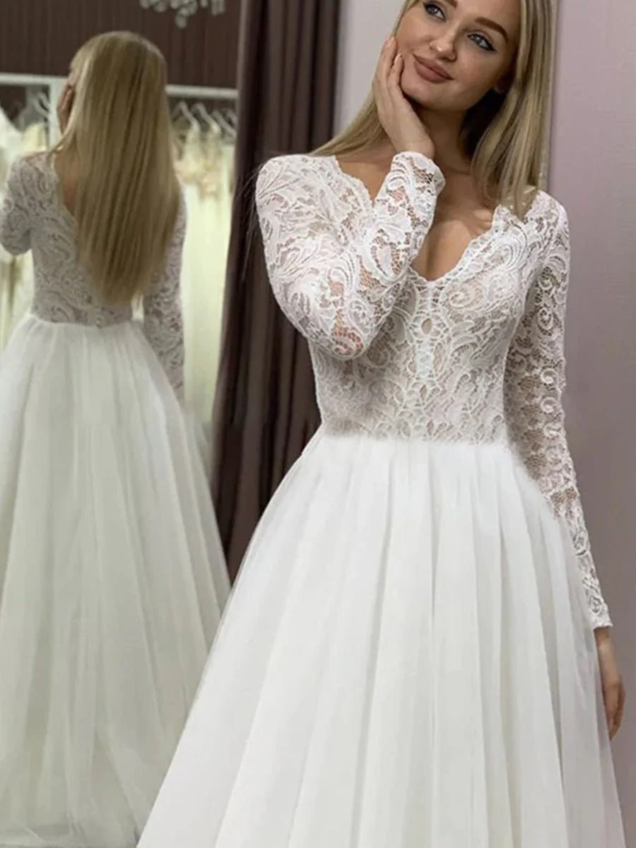 Bohemian Long Sleeves Lace Button Back A Line Modest Wedding Dresses