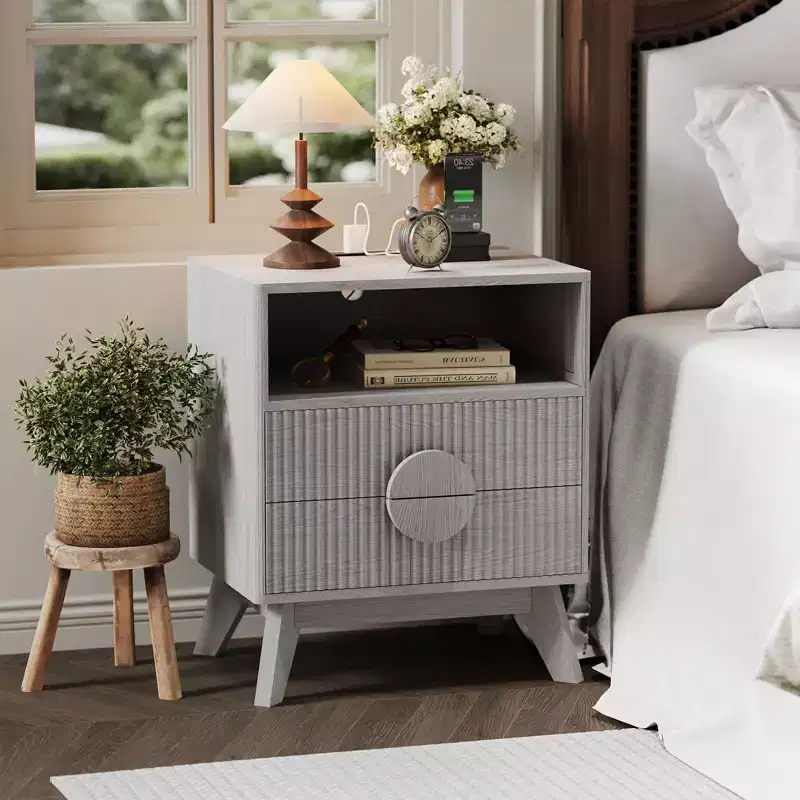 1/2 PCS Modern Nightstand, Fluted End Table with 2 Drawers & Open Shelf, Wooden Bedside Table, Sofa Side Table for Living Room Bedroom Sofa Couch