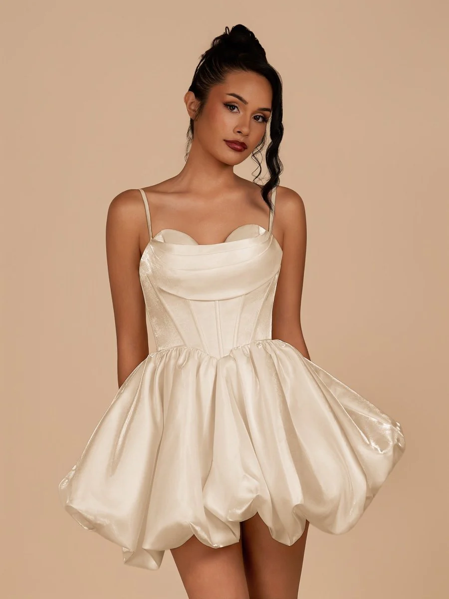 Champagne - A Line Bubble hem Satin Corset Sweetheart Homecoming Dresses