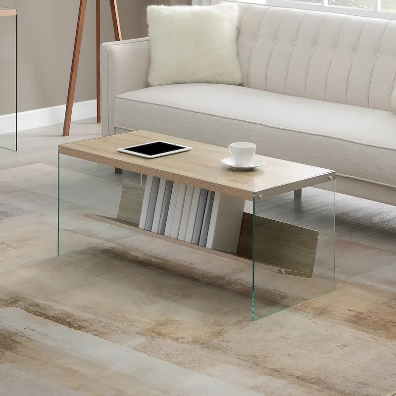 Coffee Table 40W Tempered Glass 2-Tier Shelves Modern Slanted Shelf 30 LBS Capacity