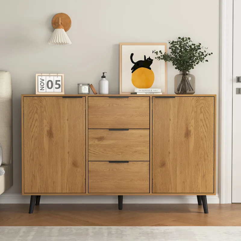 Natural / Grey Wood Sideboard Buffet Cabinet with Drawers & Doors – 47.2