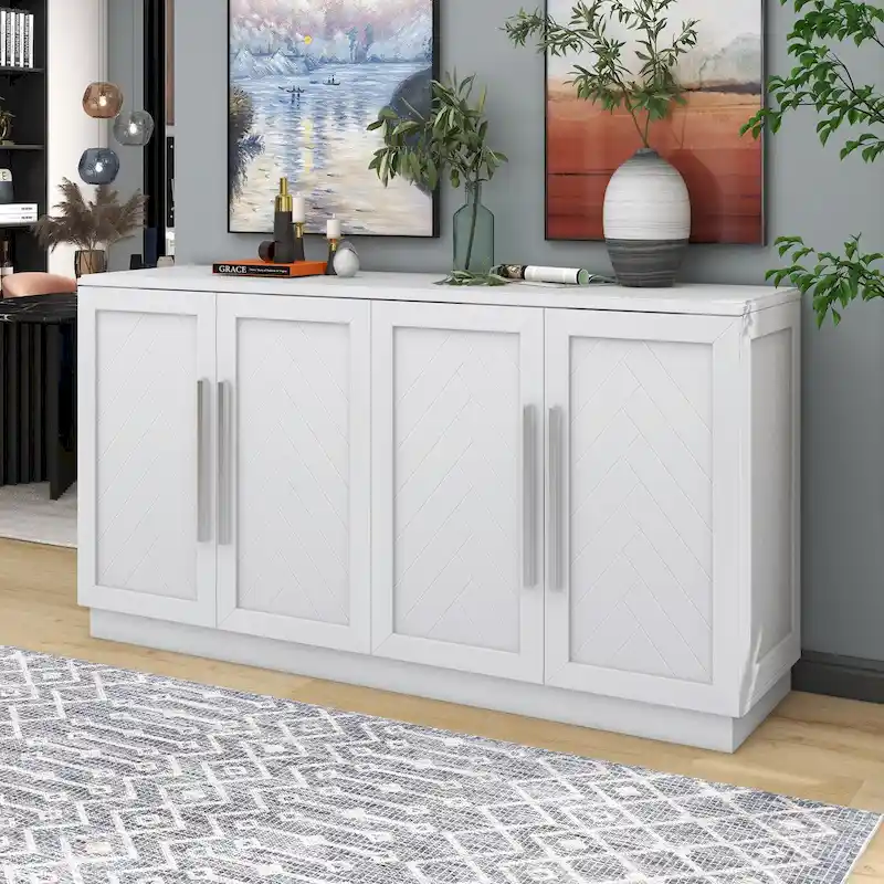 Sideboard with 4 Doors Large Storage Space Buffet Cabinet with Adjustable Shelves and Silver Handles for Kitchen