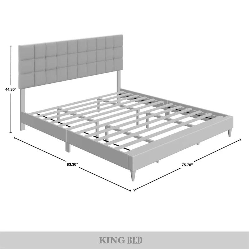 Beige / Light Grey / Black Linen Upholstered Platform Bed with Square Stitching Headboard – Twin / Full / Queen / King