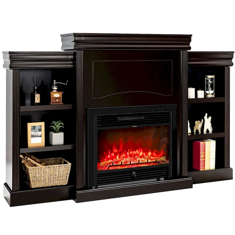 70-Inch Brown Media Entertainment Center with Bookcase and Fireplace Cabinet - 70  x 11 x 45 (L x W x H)