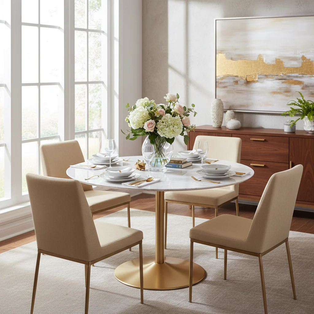 White and Gold Oval Dining Table for 4-6 People