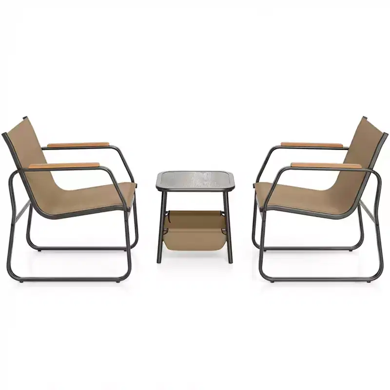 Gymax 3 PC Patio Furniture Set w/ Breathable Mesh Fabric Heavy-Duty Metal Frame Adjustable Feet Storage Side Table for Garden Balcony Patio