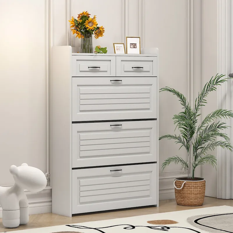 Entryway Shoe Cabinet with Coat Rack, 3 Flip Drawers, 5 Hooks, White
