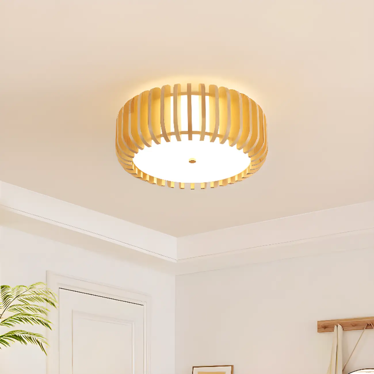 Natural Wood Circular Dimmable LED Flush Mount Ceiling Light