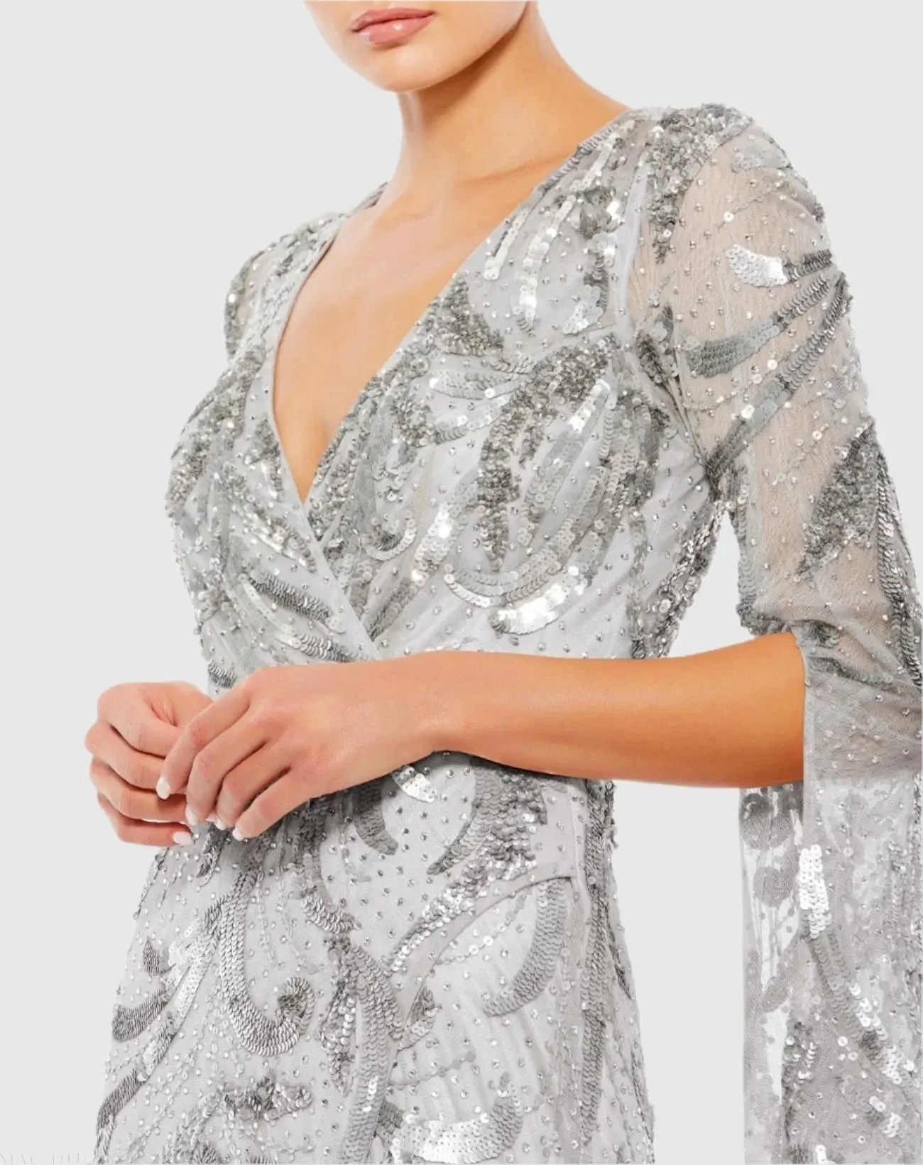 Silver Sequined Faux Wrap Split Long Sleeve Gown