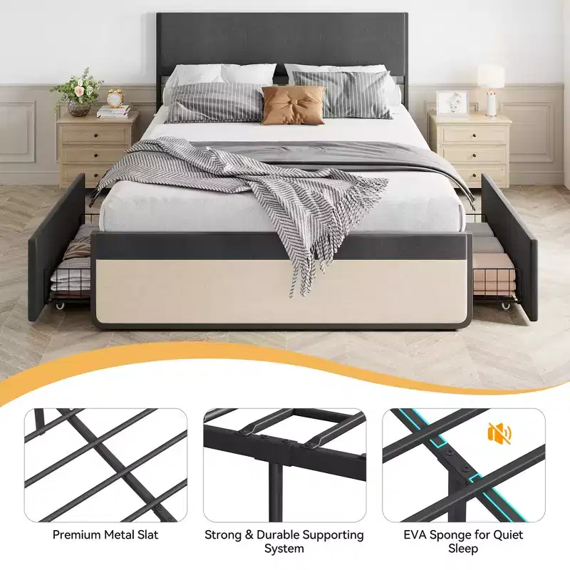 Upholstered Bed Frame with Headboard & Storage, Platform Foundation with 2 Drawers