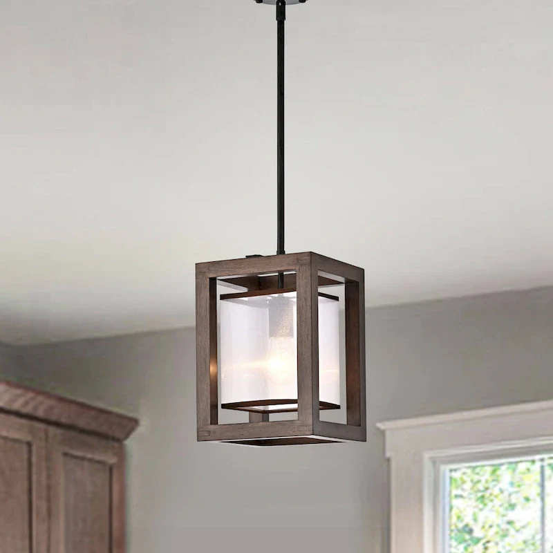 Alina 1 Light Antique Black Metal Natural Wood Fabric Shade Pendant Chandelier