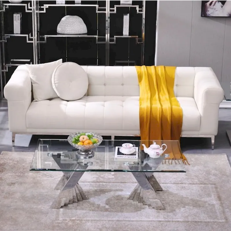 Modern Coffee Table Clear Tempered Glass Living Room Coffee Table with Geometric Base