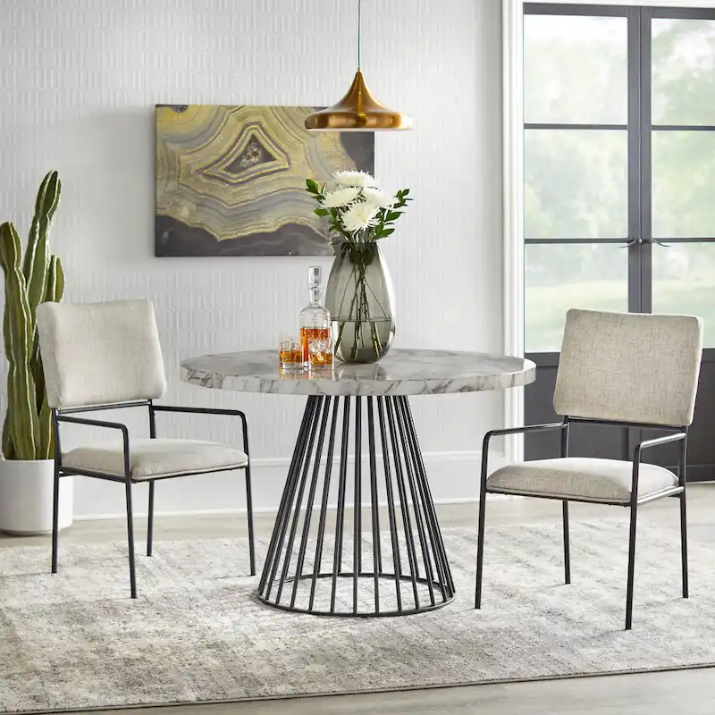 Cream/Black Linen Upholstered Dining Chair with Armrests, Set of 2