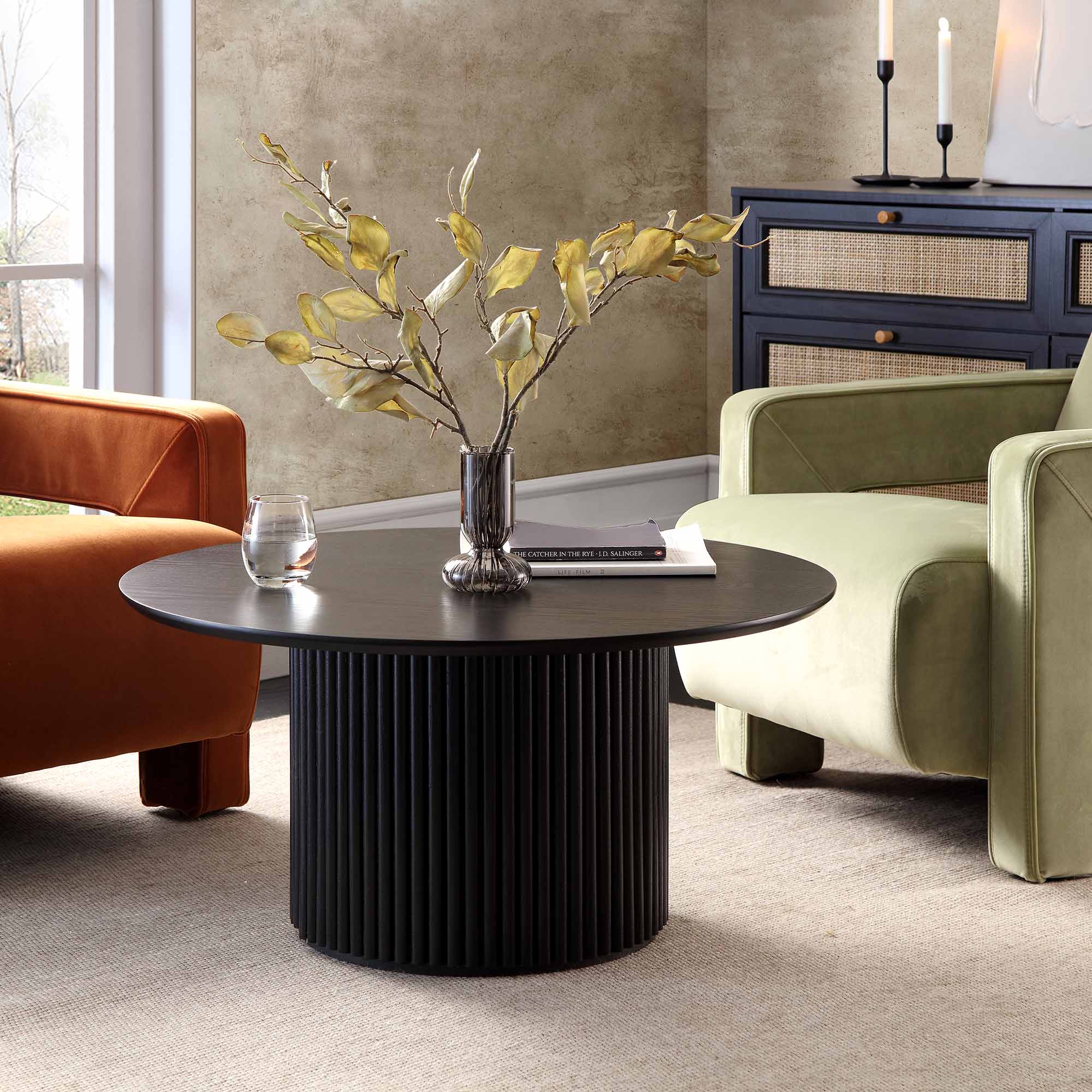 Round Oak Pedestal Coffee Table, Black