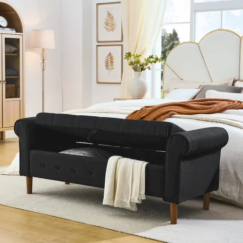 62  Bedroom Tufted Button Storage Bench, Modern Fabric Upholstered Ottoman, Window Bench, Rolled Arm Design for Bedroom