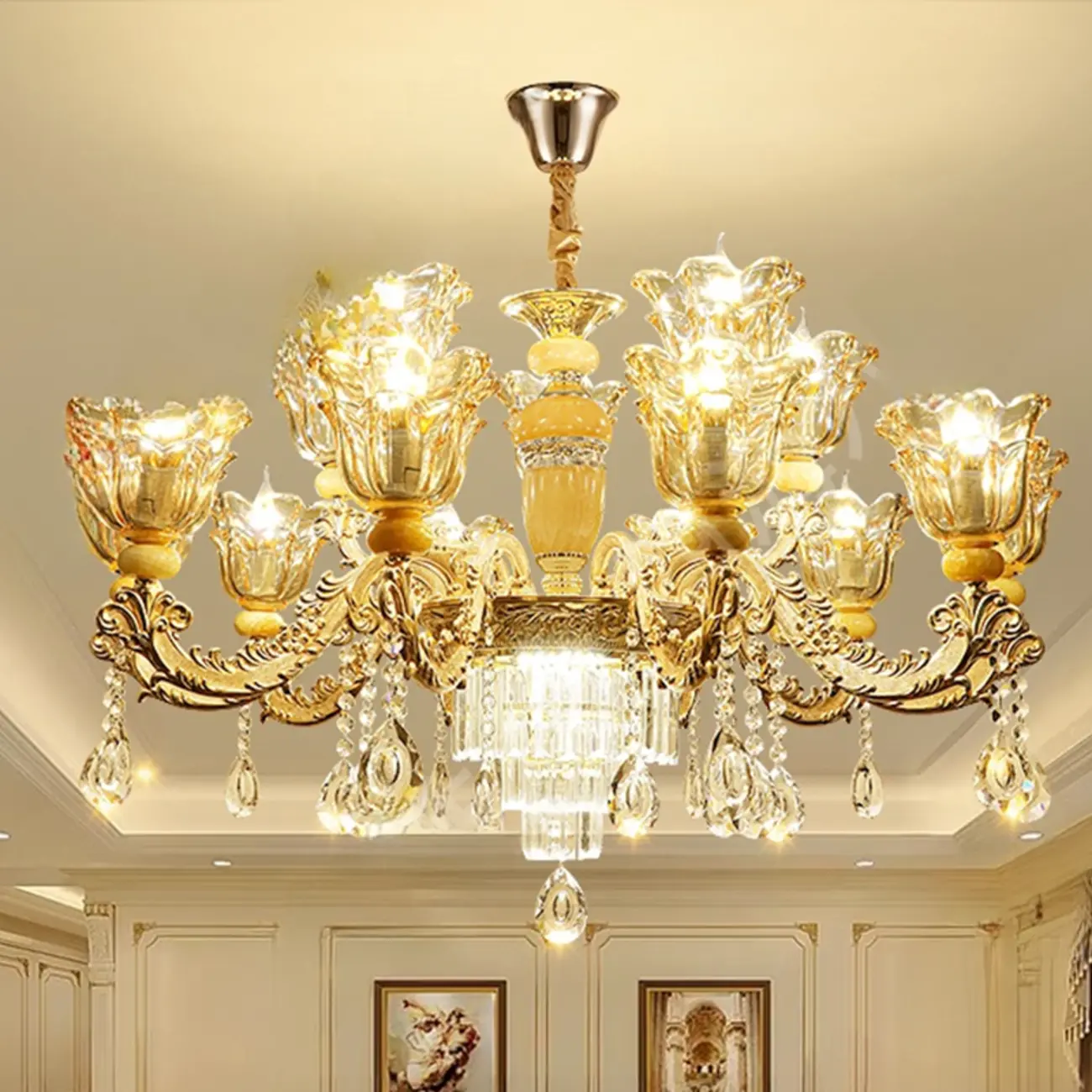 Adjustable Luxury Gold Flower Shape Clear Glass Chandelier