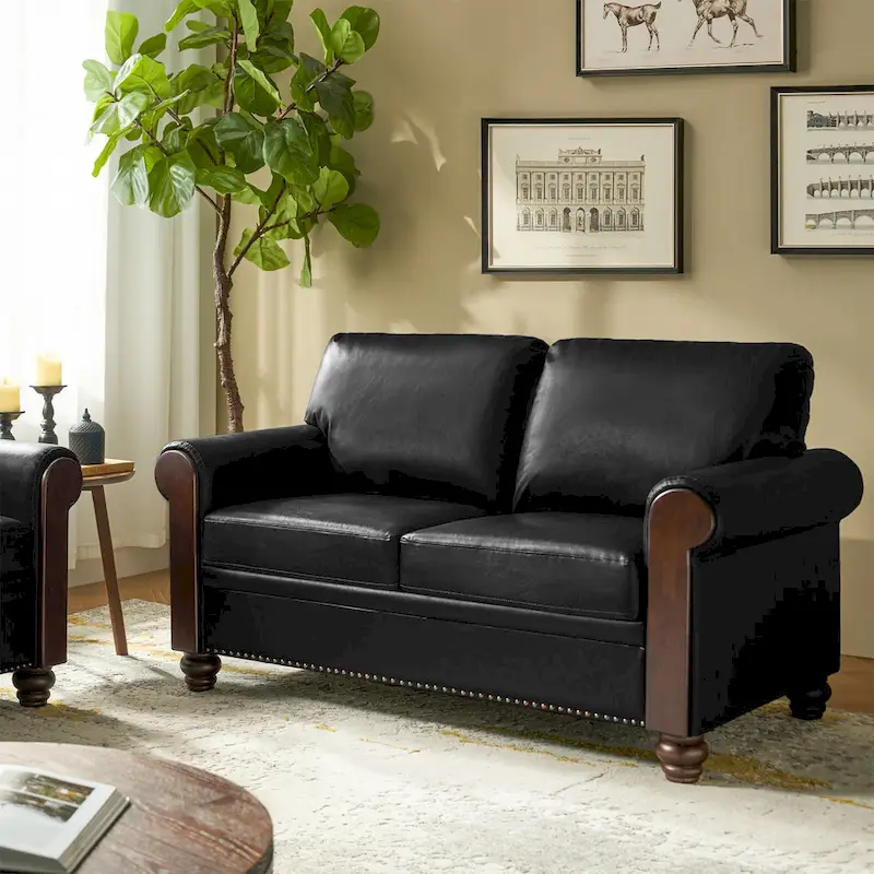 Hedda Transitional 59 Wide Leather Sofa with Solid Wood Legs by HULALA HOME