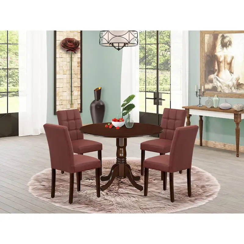 Round Drop-Leaf Dining Table Set, Mahogany & Burgundy, 3-Piece or 5-Piece